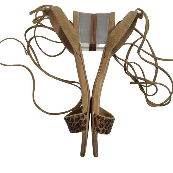 Steve Madden Carolynn Tan Animal Print Lace-Up Sandals Size 8 Lucite Heel Shoes - Picture 3 of 7